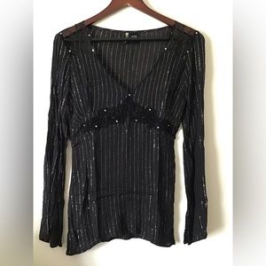 Passport Glittery, Black, Semi-Sheer, Long Sleeve Blouse
